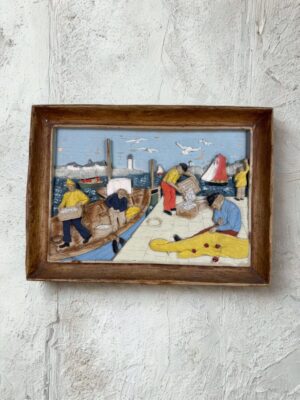 El Yapımı Ahşap Çerçeveli Renkli Kabartma Balıkçı Sahnesi Tablo