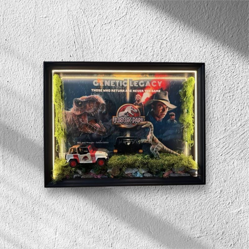 Jurassic Park Diorama Tablo, Genetic Legacy tabla, Jeep Wrangler figür, dinozor diorama sanat, film sahnesi dekor, gerçek taş materyal tablo, LED aydınlatmalı koleksiyon eseri | Artiviq