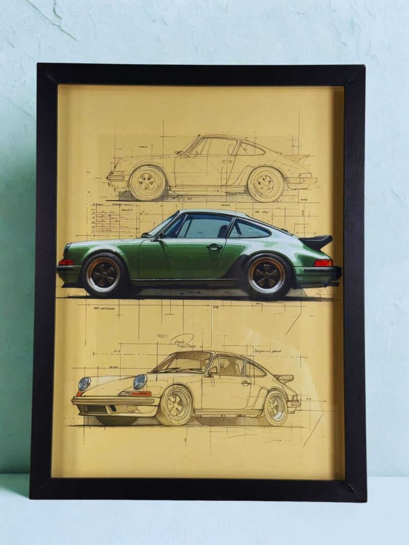 Porsche Teknik Çizim ve Model Görselli 30x40 Kanvas Baskı Çerçeveli Tablo