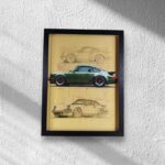 Porsche Teknik Çizim ve Model Görselli Kanvas Baskı Çerçeveli Tablo