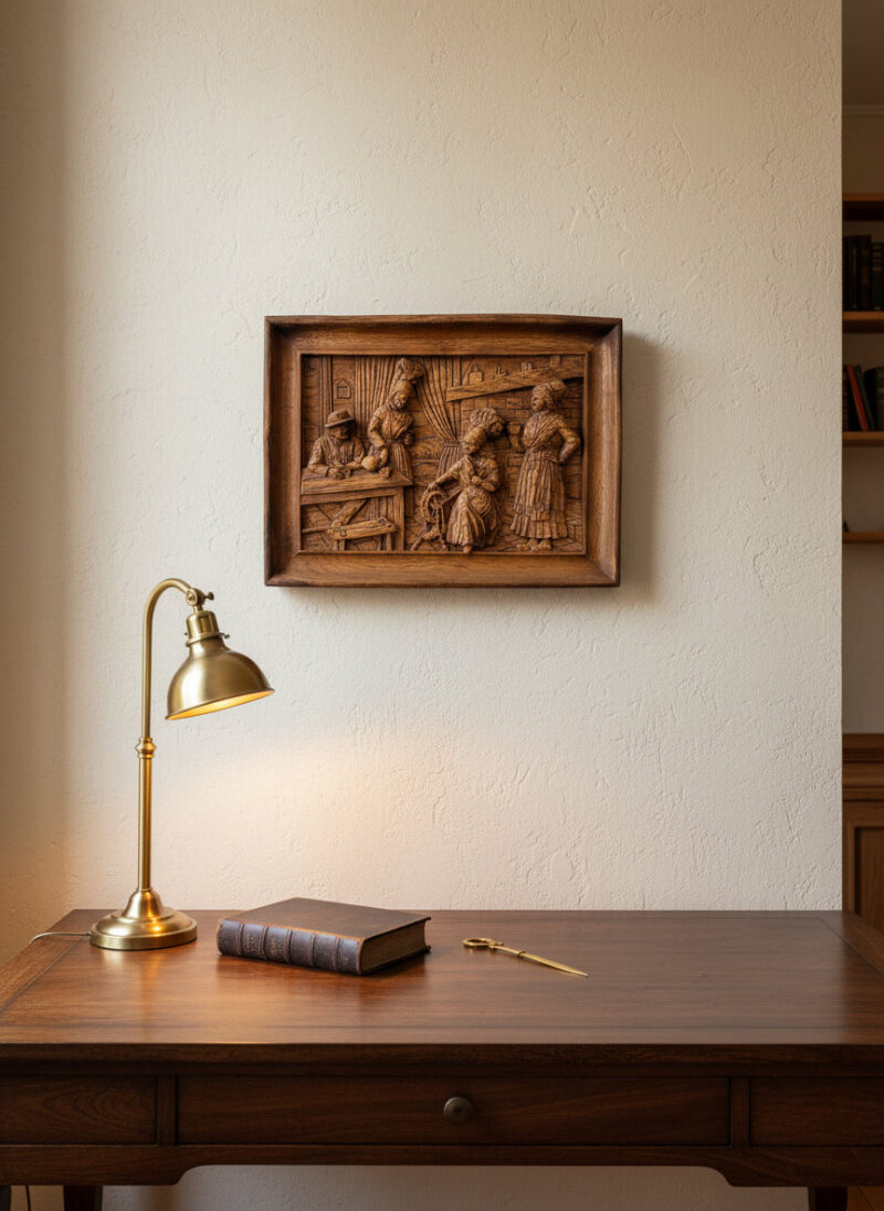 Fransız Ahşap Oyma İç Mekan Sahnesi Tablo – 19. Yüzyıl El Yapımı Kabartma - lifestyle library