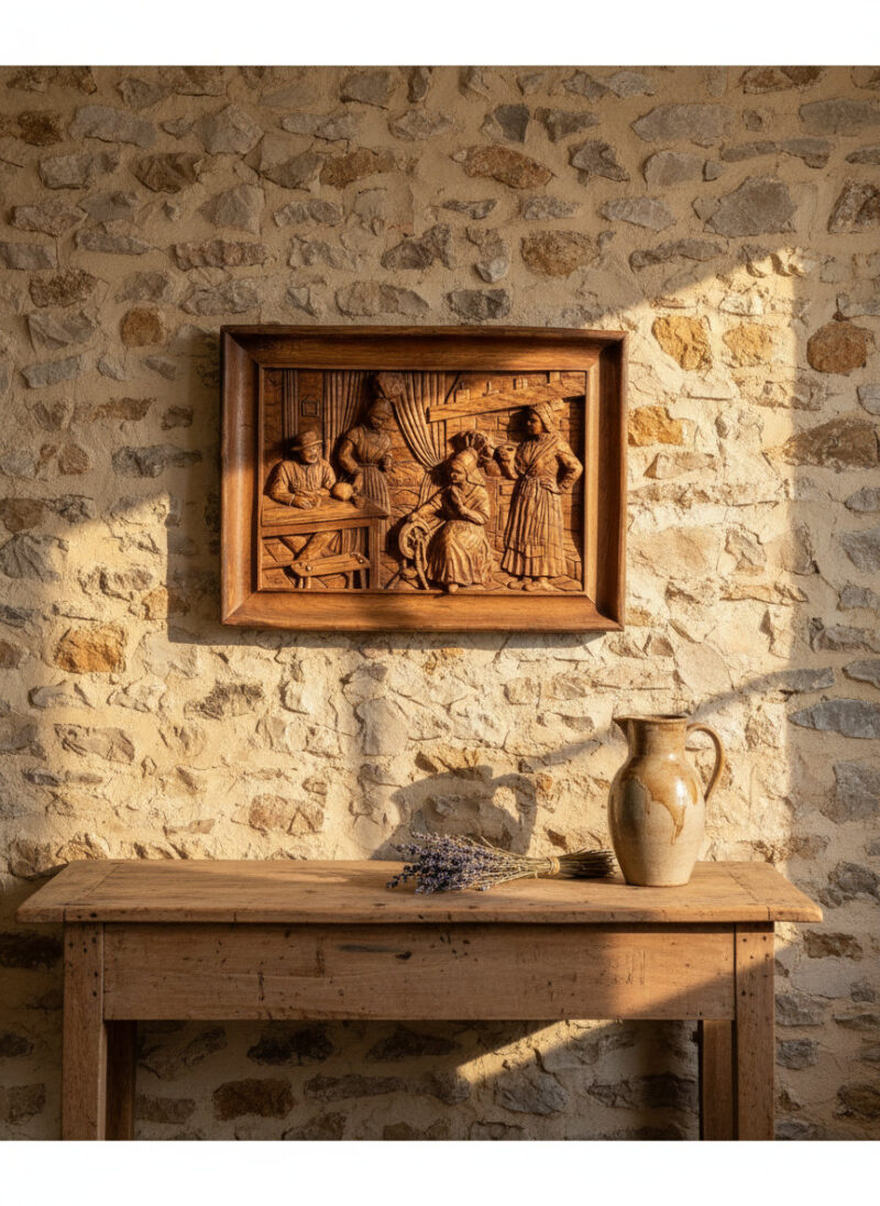 Fransız Ahşap Oyma İç Mekan Sahnesi Tablo – 19. Yüzyıl El Yapımı Kabartma - lifestyle rustic