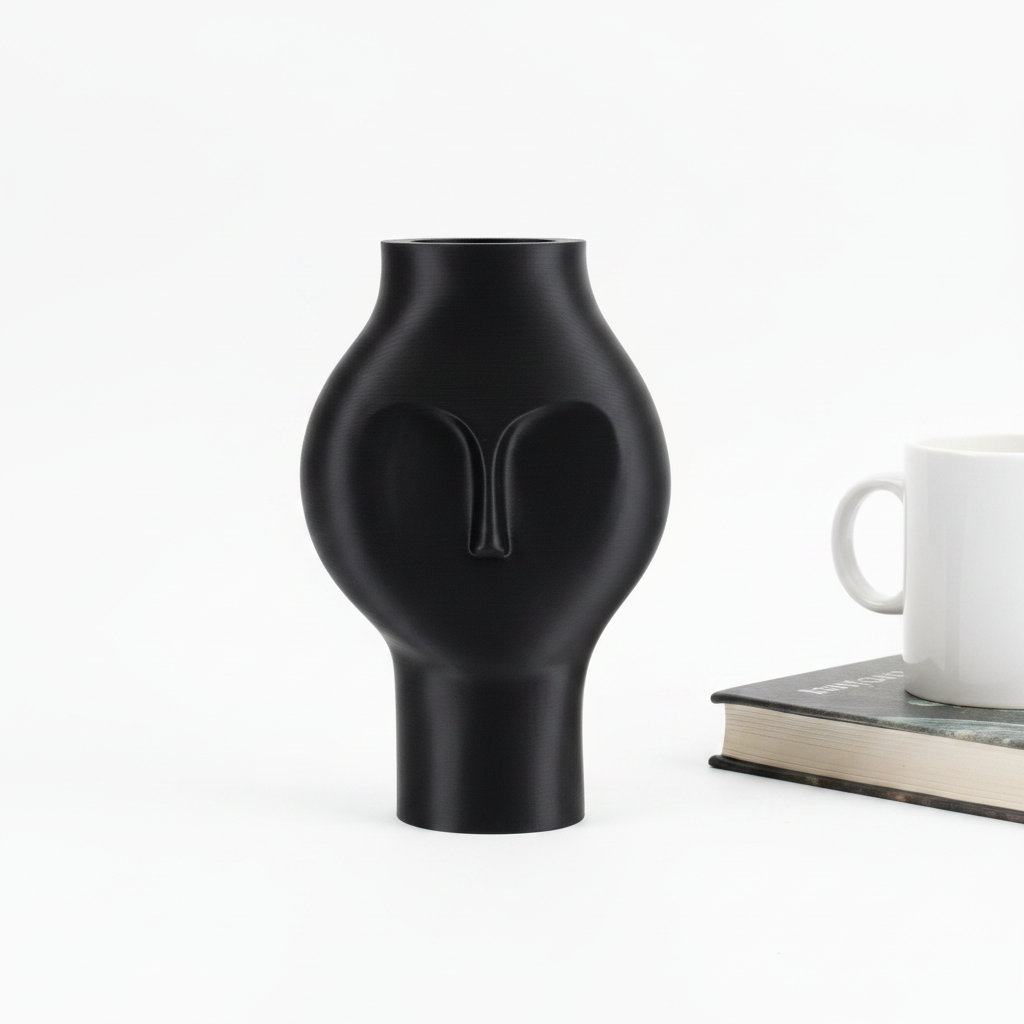 Minimalist Şıklık: Modern Yüz Formlu Dekoratif Vazo – Siyah 3D Baskı Sanatı