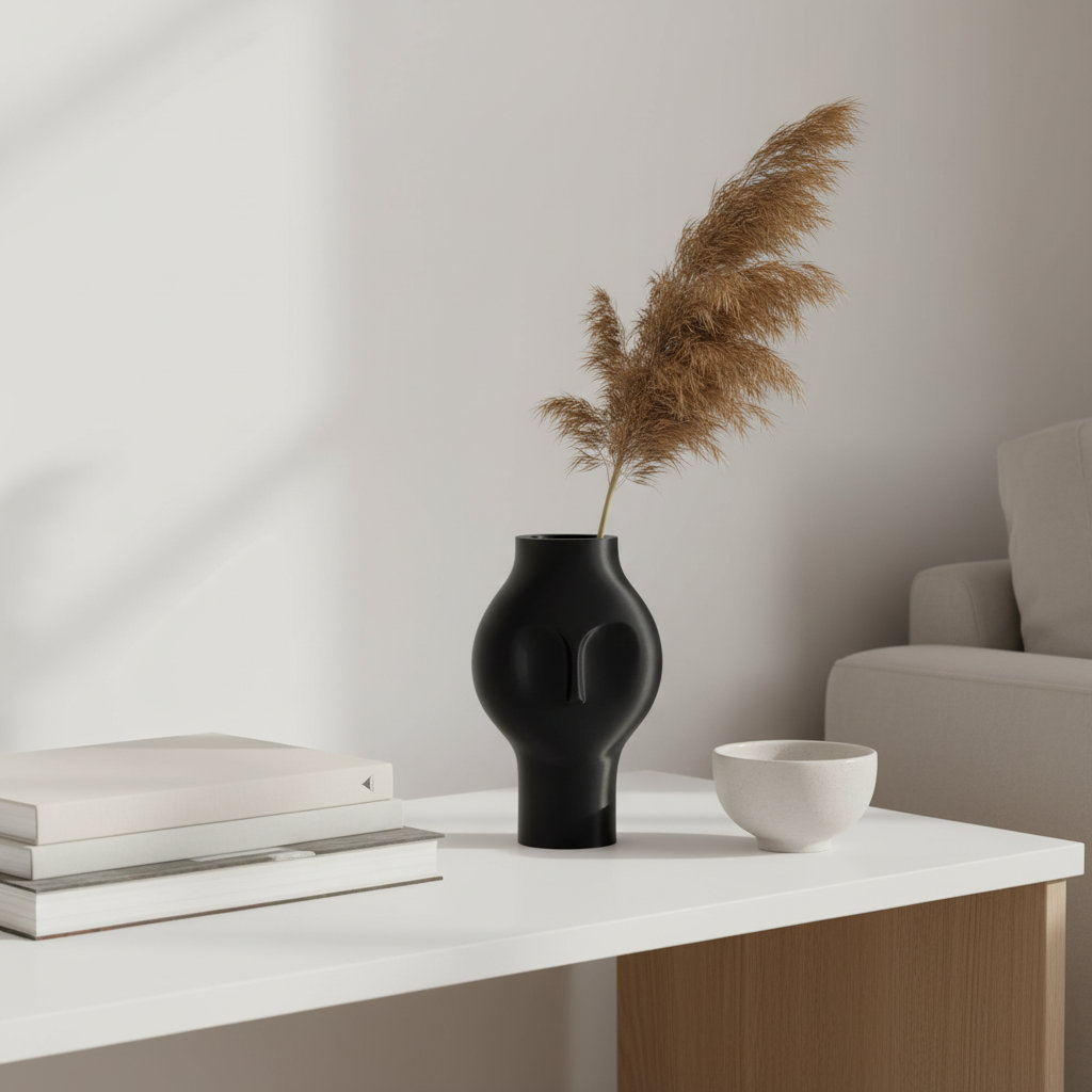 Minimalist Şıklık: Modern Yüz Formlu Dekoratif Vazo – Siyah 3D Baskı Sanatı - lifestyle minimal