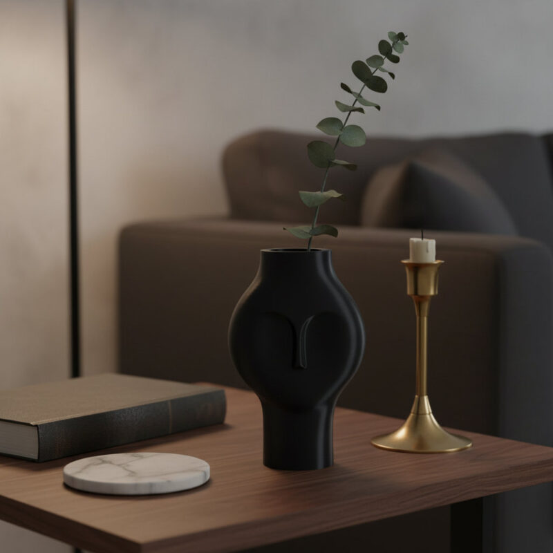 Minimalist Şıklık: Modern Yüz Formlu Dekoratif Vazo – Siyah 3D Baskı Sanatı - lifestyle moody