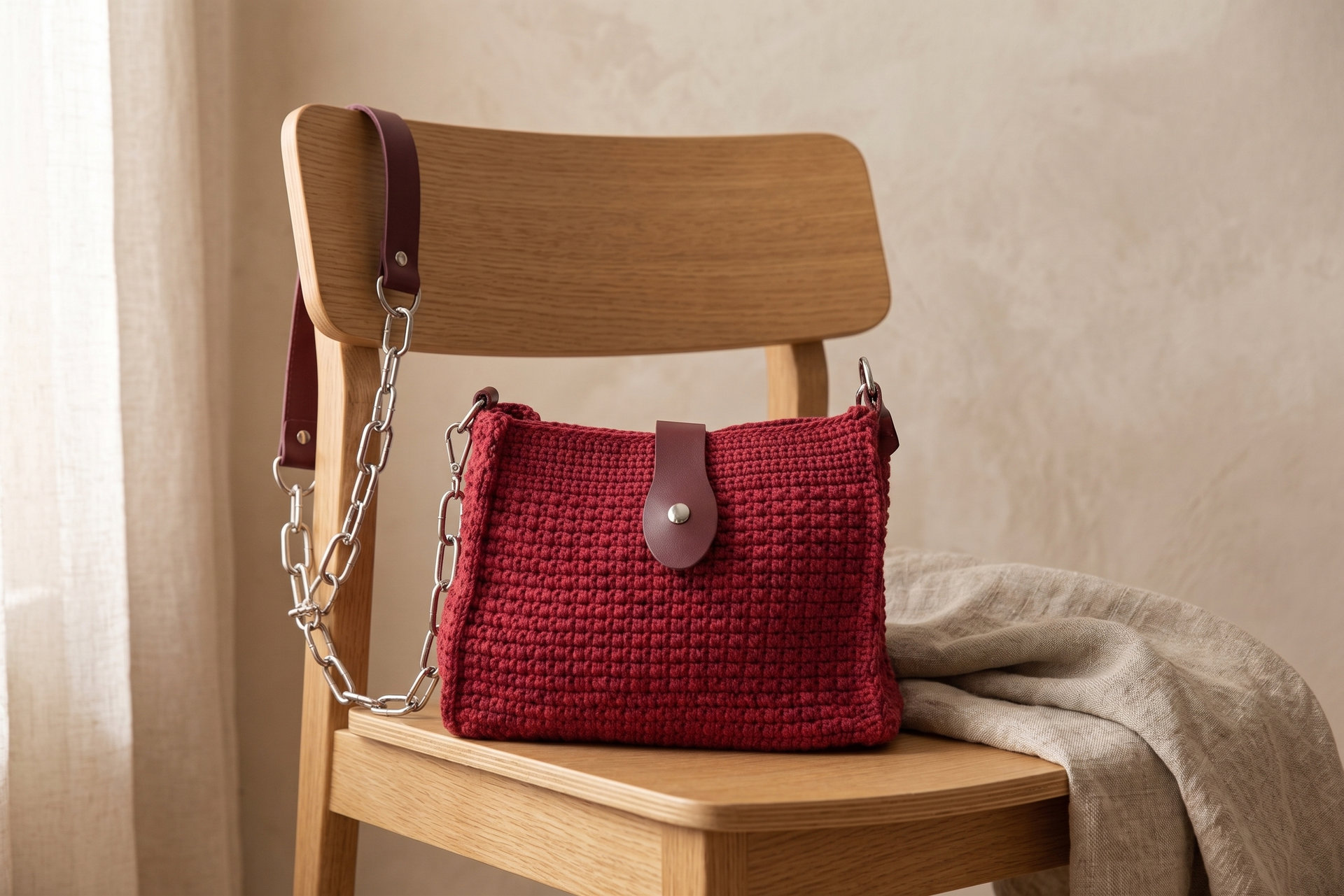Bordo Örgü Omuz Çantası Bordo Örme Crossbody Çanta — kullanımda