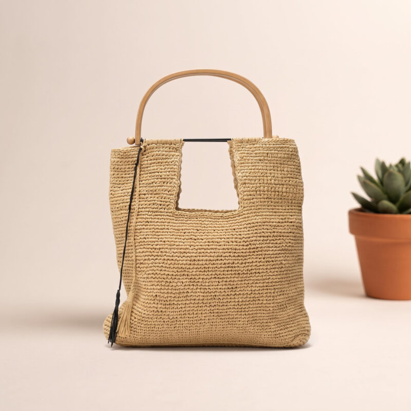 Naturel örgü tote çanta omuzda taşınırken