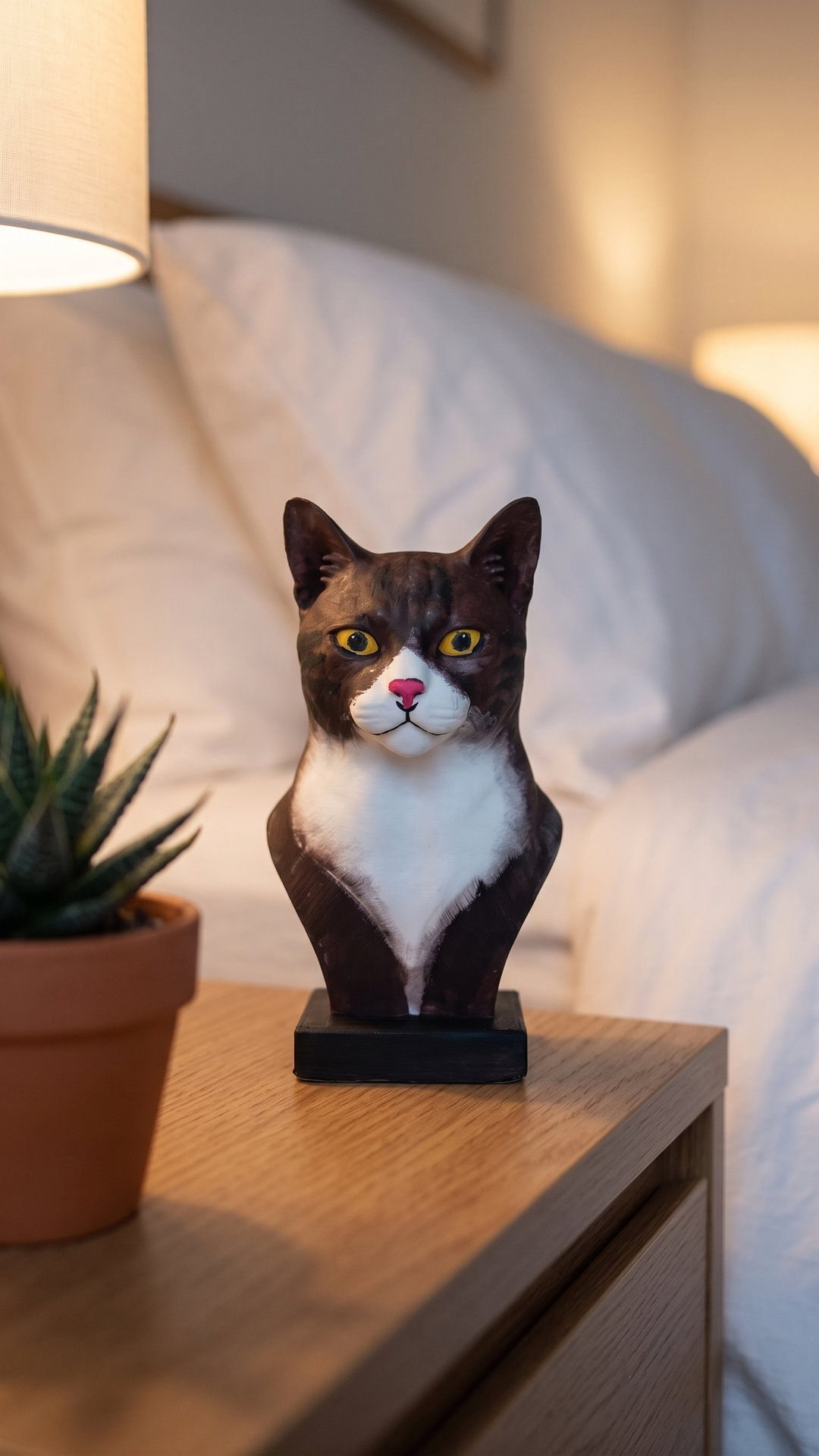 Sessiz Bakış Kedi Büstü Komodin üzerinde el boyaması PLA kedi büstü