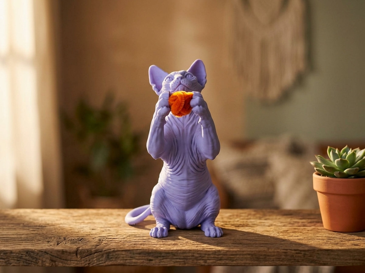 Mat Lavanta Sphynx Kedi Figürü El yapımı lavanta kedi figürü çağdaş minimal bir masada