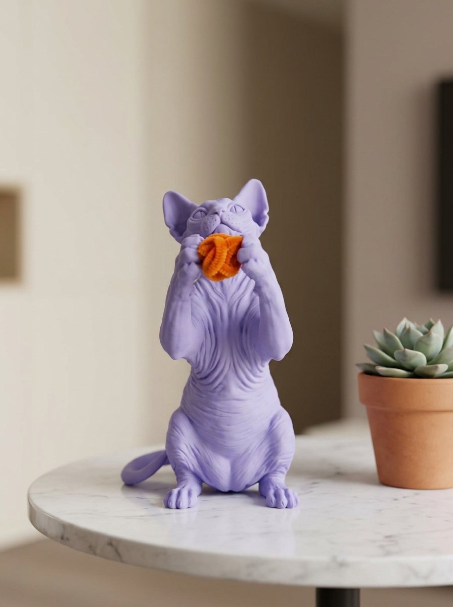Mat Lavanta Sphynx Kedi Figürü Pastel lavanta kedi figürü, tek üretim Sphynx heykeli