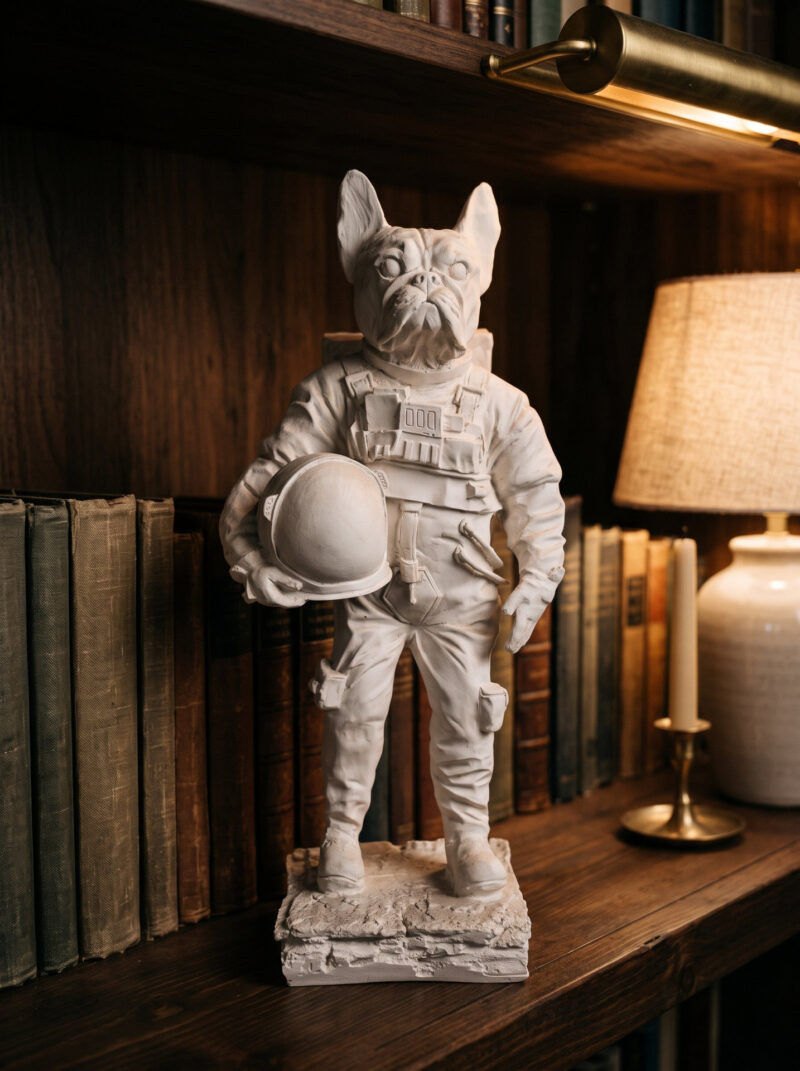 Kitaplık rafında duran astronot köpek figürü