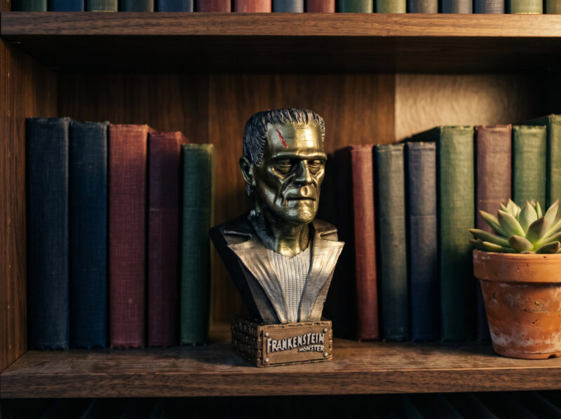 Kitaplık rafında el yapımı fiberglass büst, Frankenstein figürü