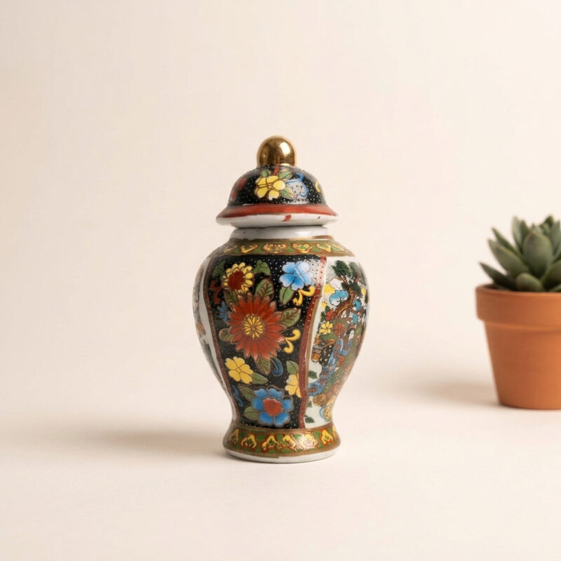 Japon Satsuma Tarzı Siyah Zeminli Minyatür Kapaklı Küp (Black Satsuma Ginger Jar) hero 2
