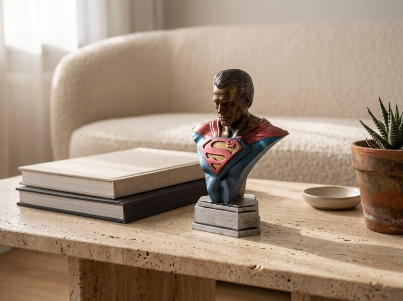 Kahve masasında el yapımı Superman büstü, fincanların yanında